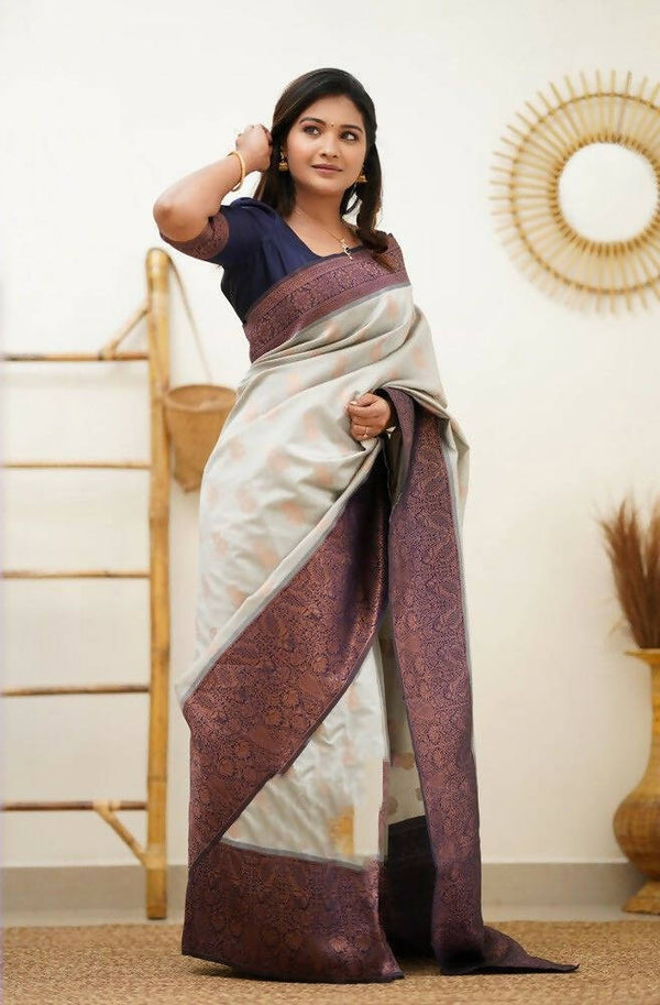 DEIANA'S Beautiful Golden Jari with New Design Soft Lichi Silk Saree - White - Distacart