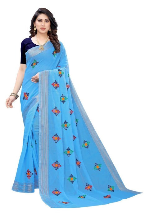 Vamika Chanderi Cotton Embroidery Blue Saree (Dixa Blue)
