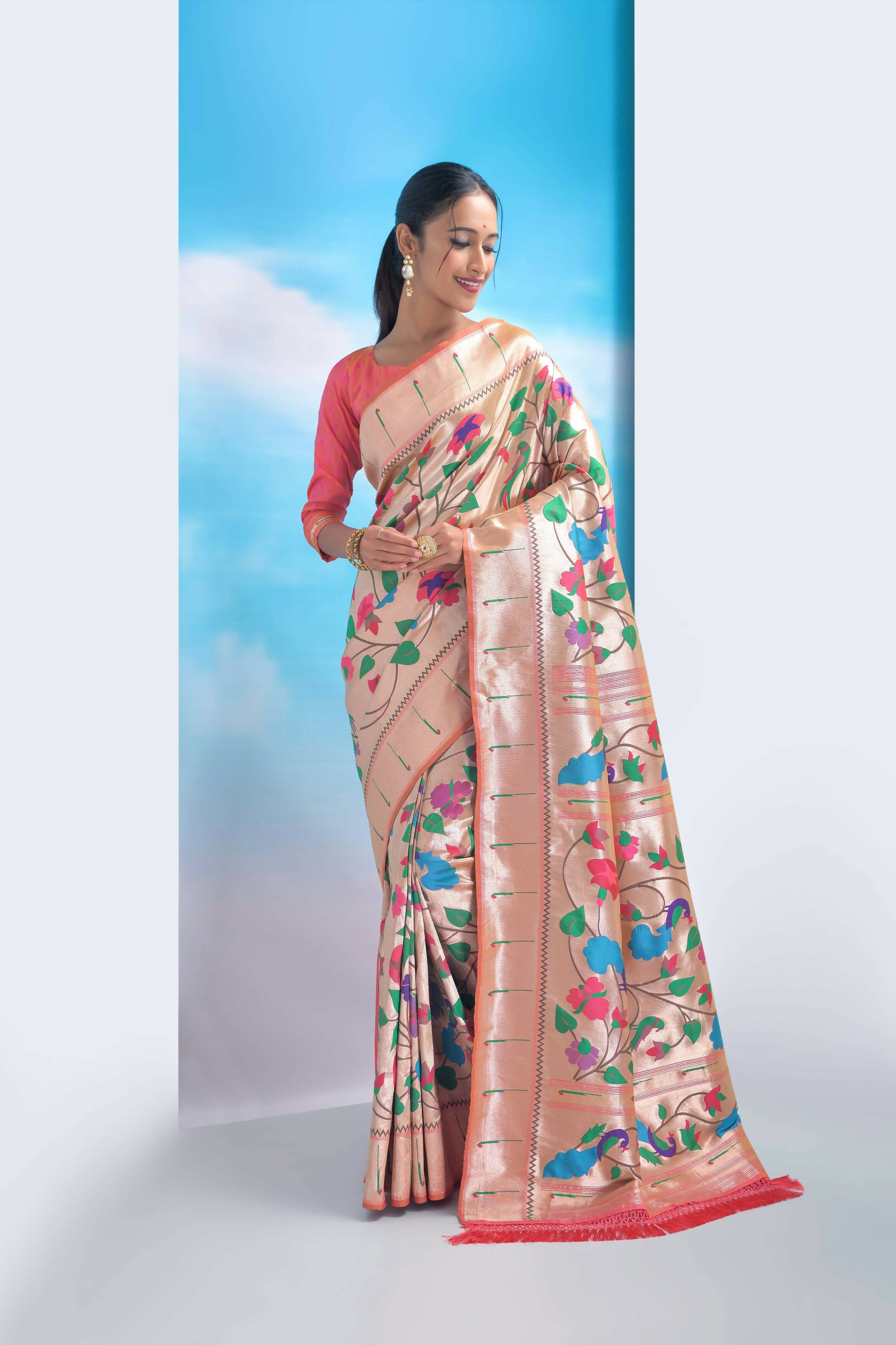 Vishnu Weaves Women's Peach Paithani Silk Minakari Zari Woven Saree with Unstitched Blouse - Distacart