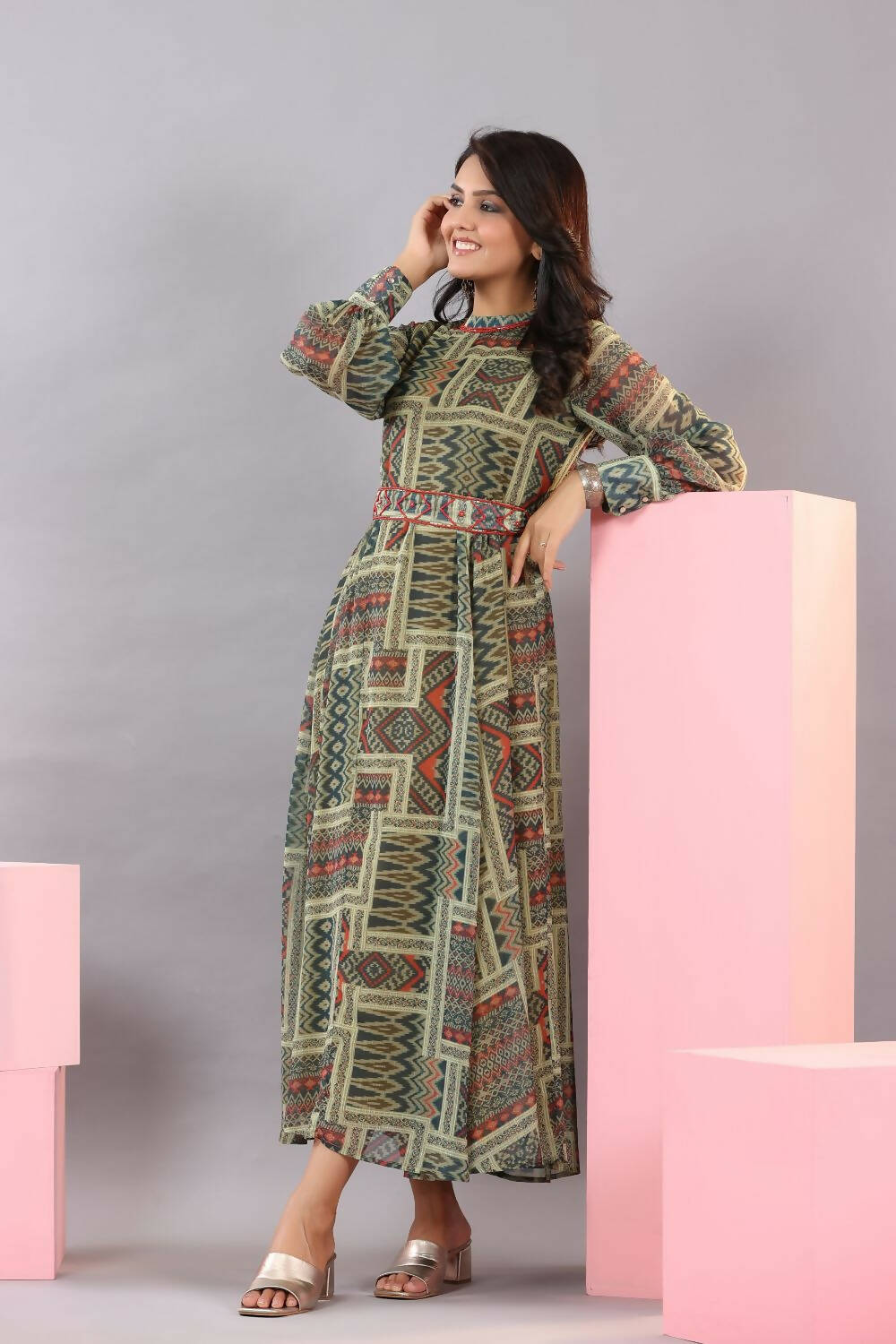 Juniper Women Green Chiffon Printed Maxi Dress - Distacart