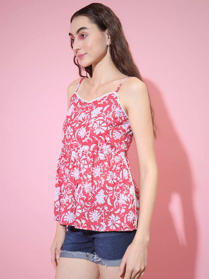 Myshka Women's Red Printed Sweetheart Neck Top - Distacart