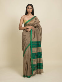 Thumbnail for Suta Brown Green Zari Silk Cotton Maheshwari Saree - Distacart