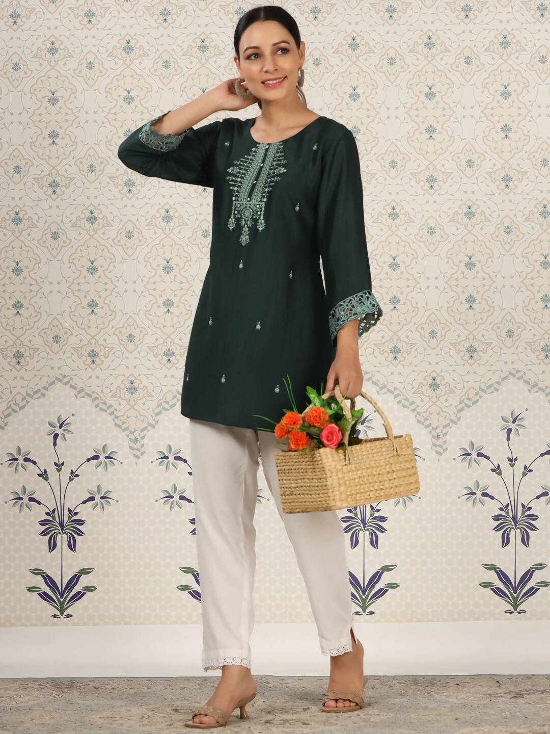 Dark Green Chinon Embroidered Straight Top - Zeny - Distacart