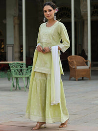 Thumbnail for Juniper Women's Lime Green Cambric Floral Print Kurta Sharara Sets - Distacart