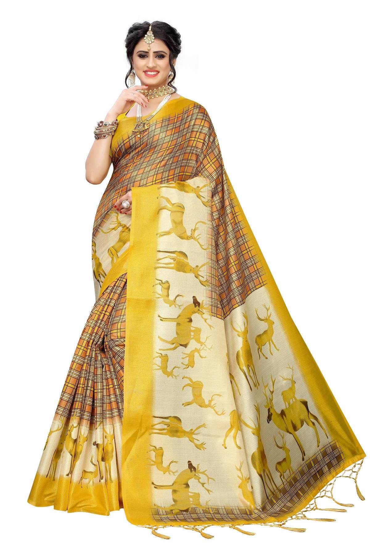 Vamika Multicolor & Yellow Kalamkari With Jhalar Khadi Silk Saree