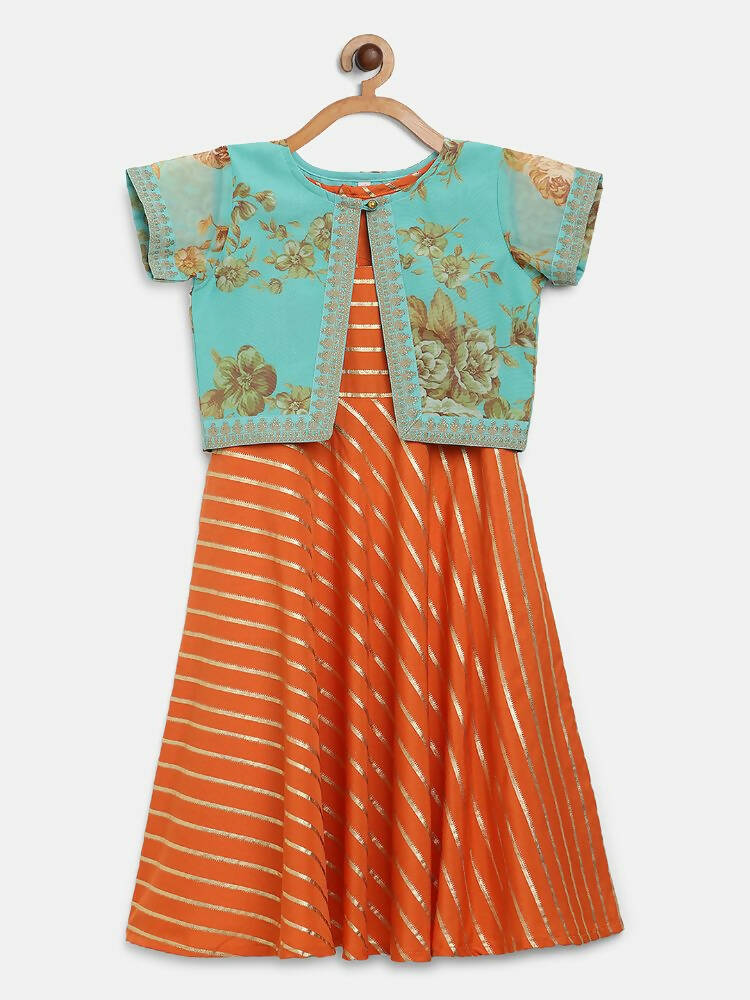 Ahalyaa Orange Crepe Gold Stripped Printed Kids Dress With Jacket For Girls - Distacart
