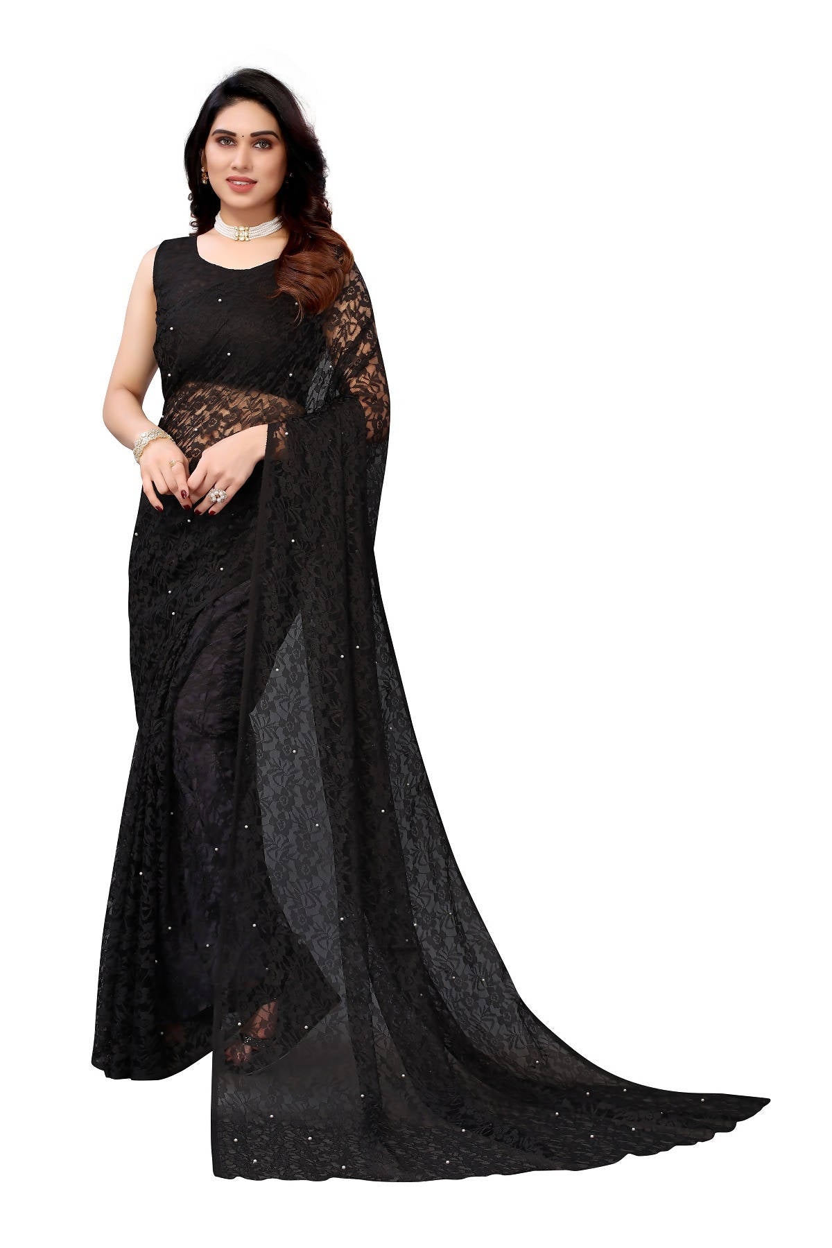 Vamika Ethnic Fire Black Pearls Net Saree - Distacart