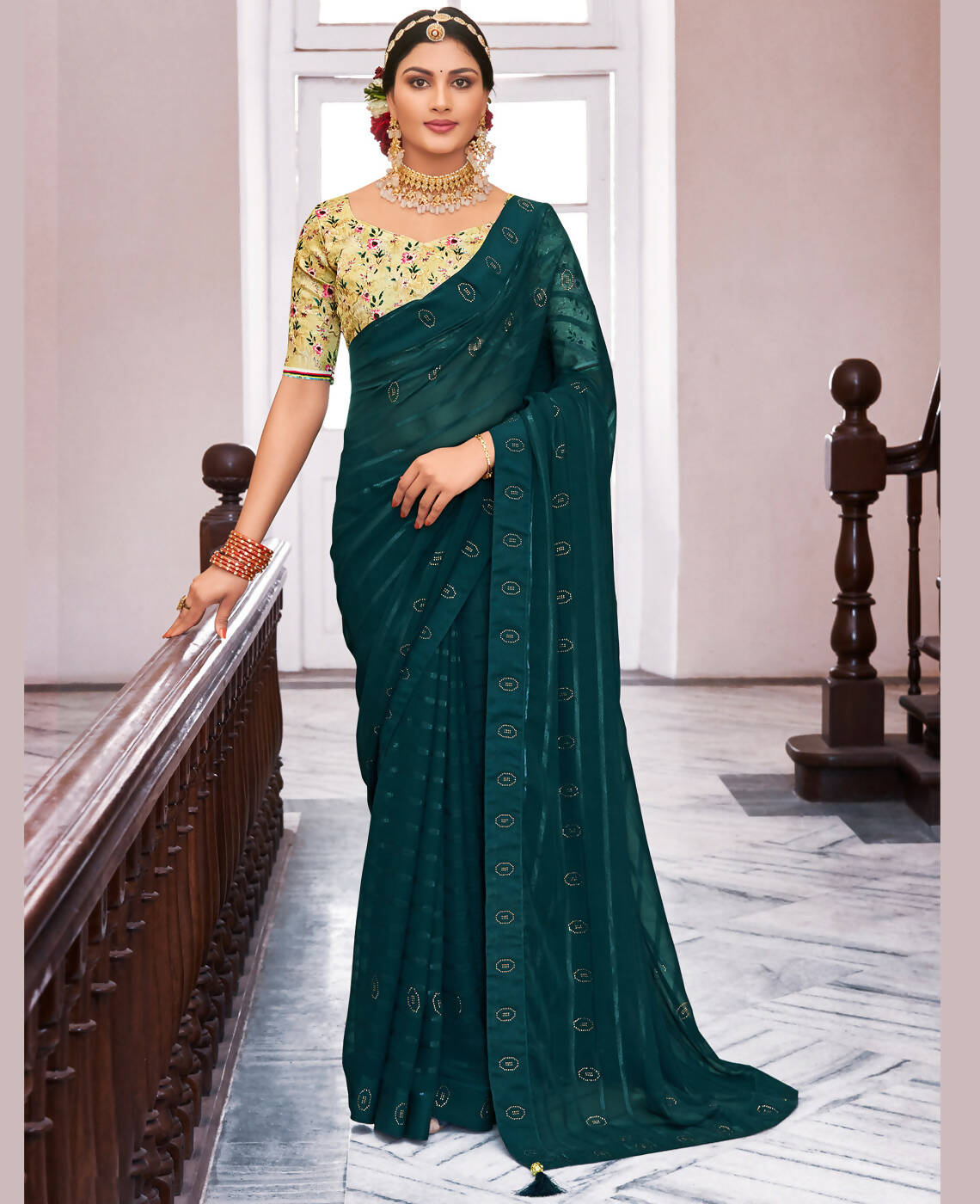 Teal Georgette Swaroski Work Saree With Unstitched Blouse Piece - Juhi - Distacart