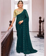 Thumbnail for Teal Georgette Swaroski Work Saree With Unstitched Blouse Piece - Juhi - Distacart