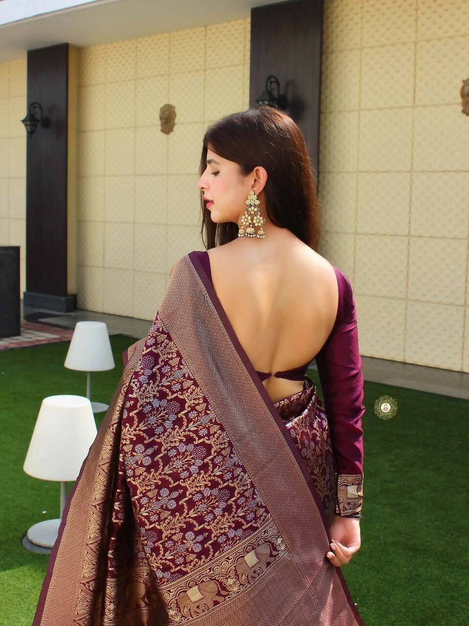 DEIANA'S Beautiful Golden Jari with New Design Soft Lichi Silk Saree - Wine - Distacart