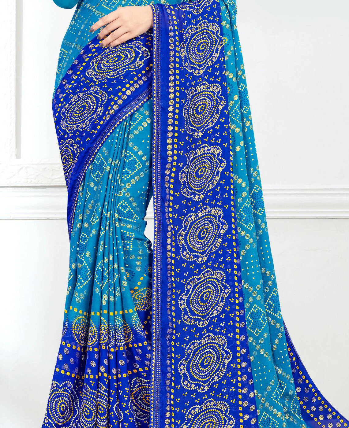 Sky Blue Georgette Bandhani Printed Saree With Unstitched Blouse Piece - Jyoti - Distacart