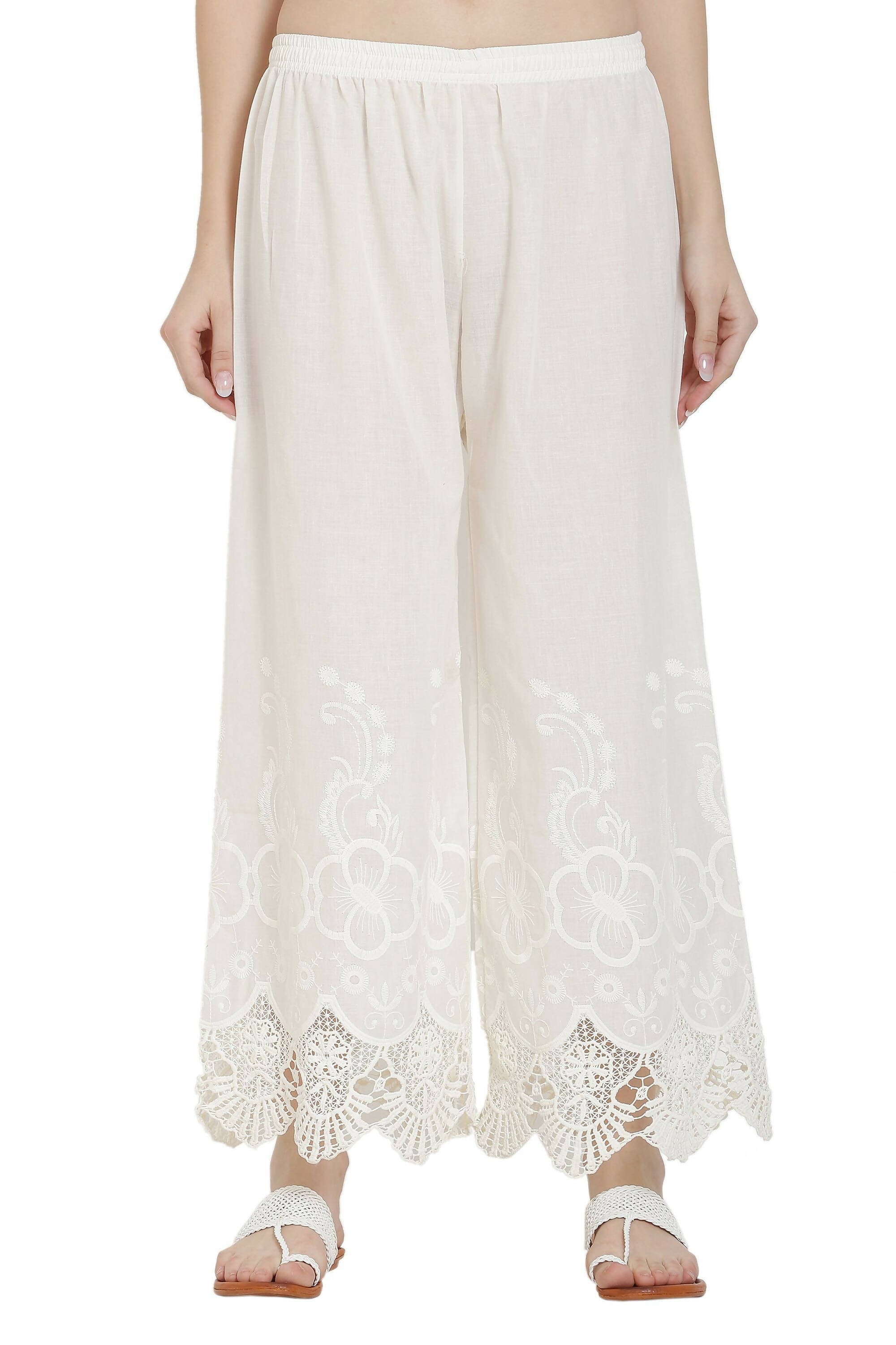 PAVONINE White Color Chikankari Lace Scalloped Hem Cotton Fabric Sharara - Distacart