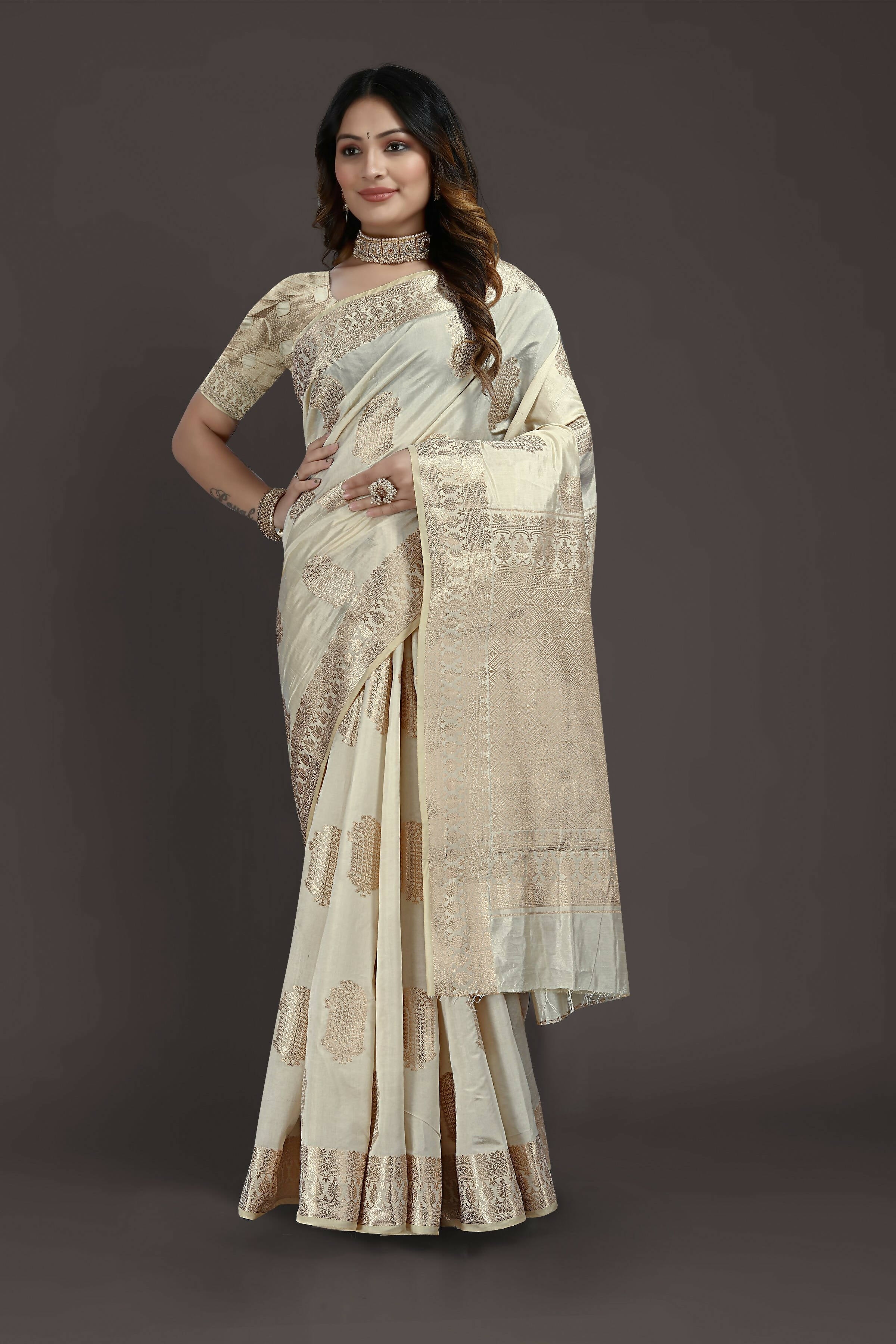 Off White Pure Raw Silk Zari Woven Saree with Unstitched Blouse Piece - Alisha - Distacart