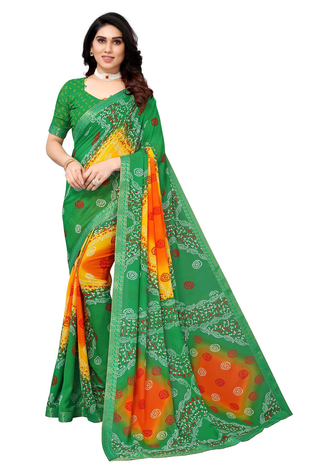 Vamika Beautiful Ethnic Fire Green Printed With Lace Saree - Distacart