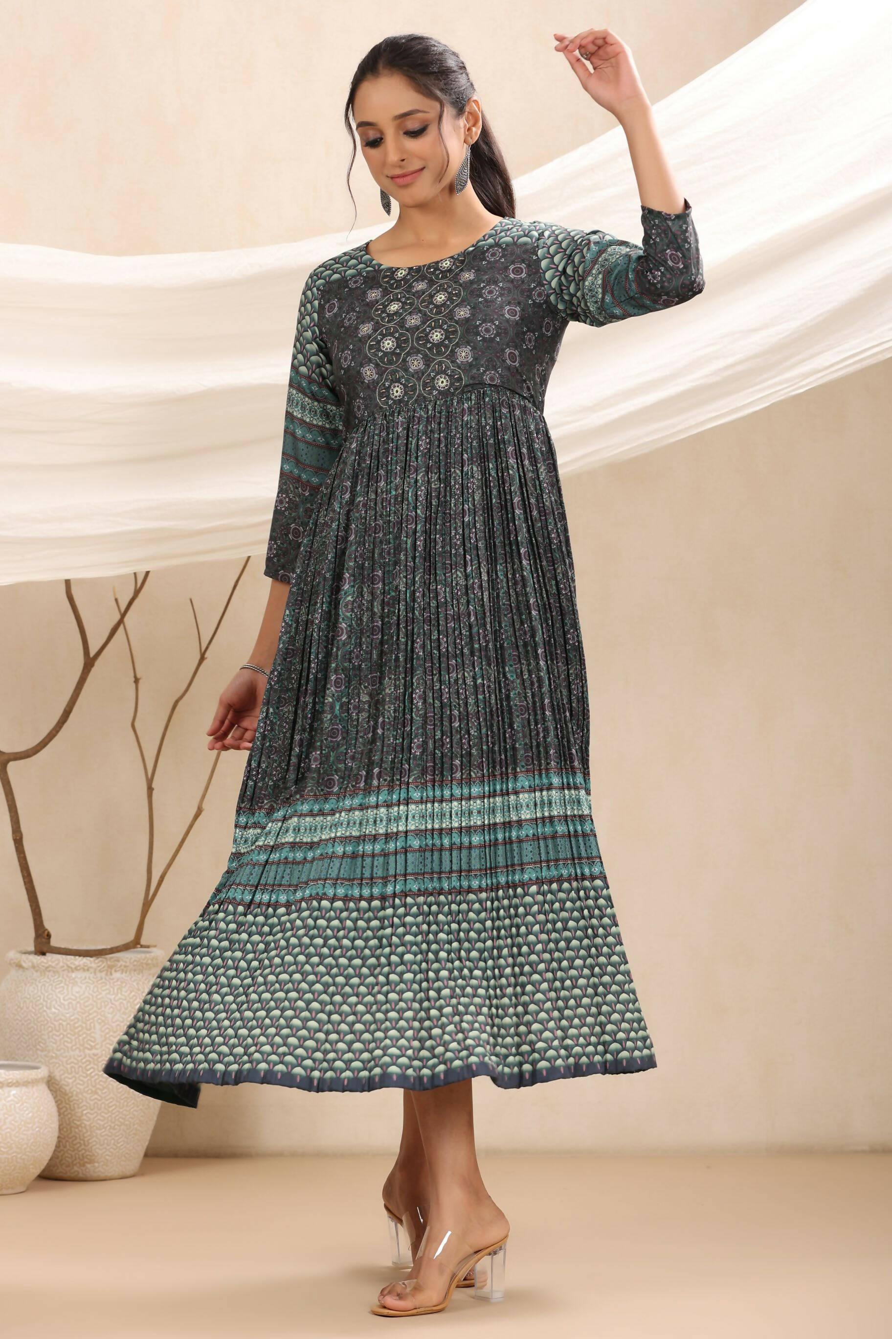 Juniper Bottle Green Muslin Festive Printed Flared Dress For Women - Distacart