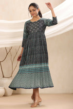 Thumbnail for Juniper Bottle Green Muslin Festive Printed Flared Dress For Women - Distacart
