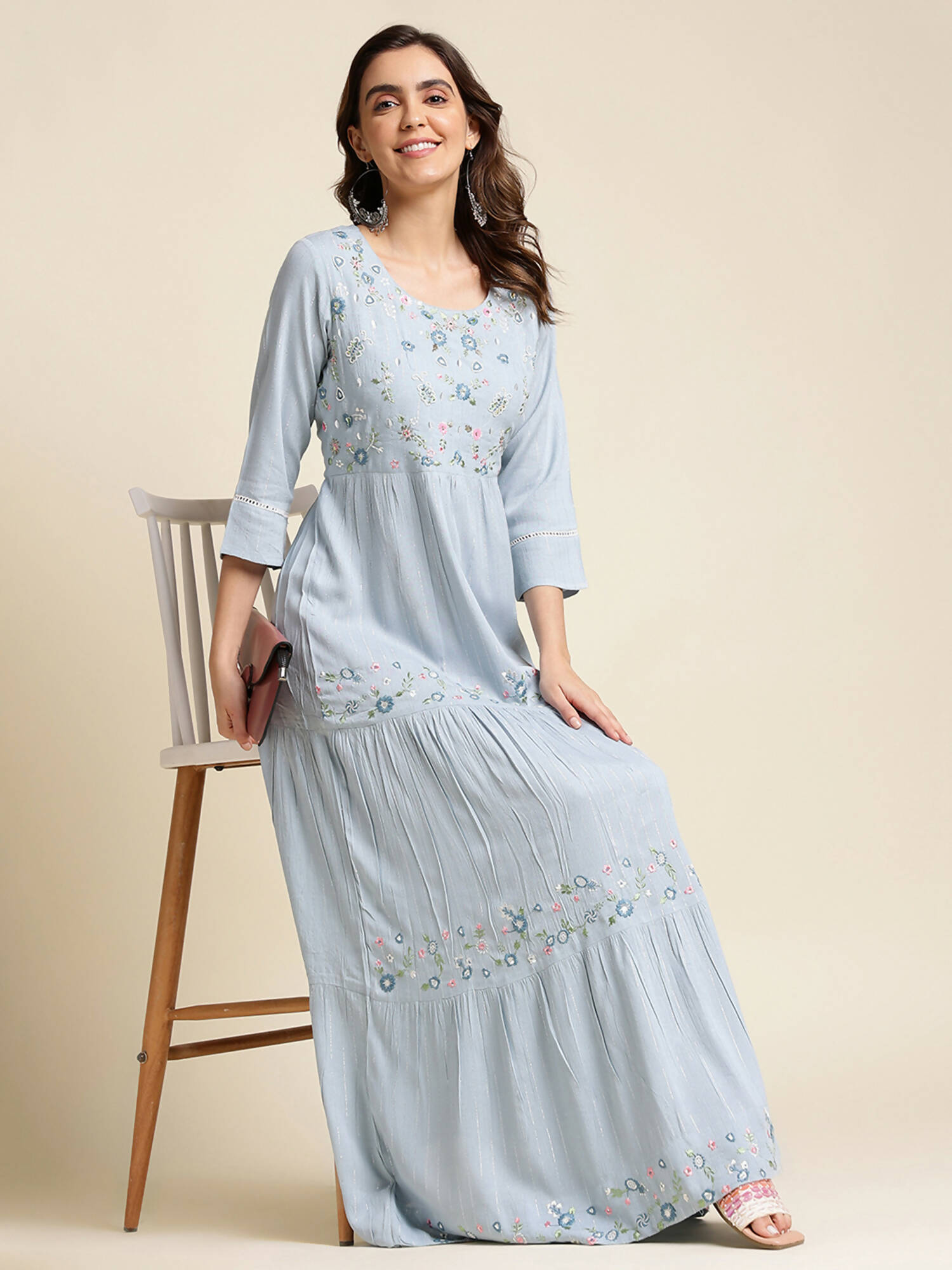 Sky Blue Chinon Floral Embroidered Dress - Nandani - Distacart
