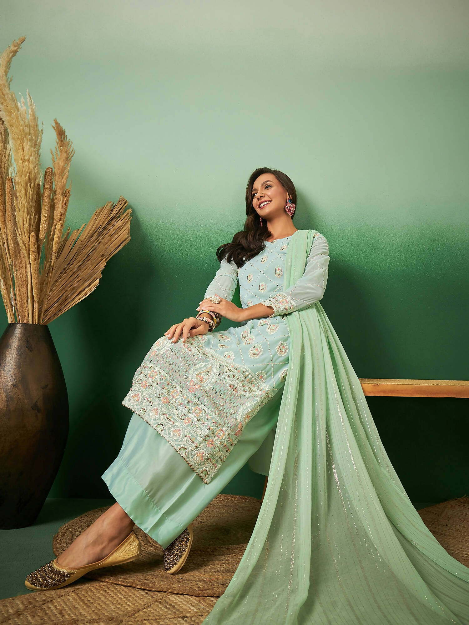 Sea Green Georgette Handwork Unstitched Dress Material - Hanika - Distacart