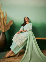 Thumbnail for Sea Green Georgette Handwork Unstitched Dress Material - Hanika - Distacart