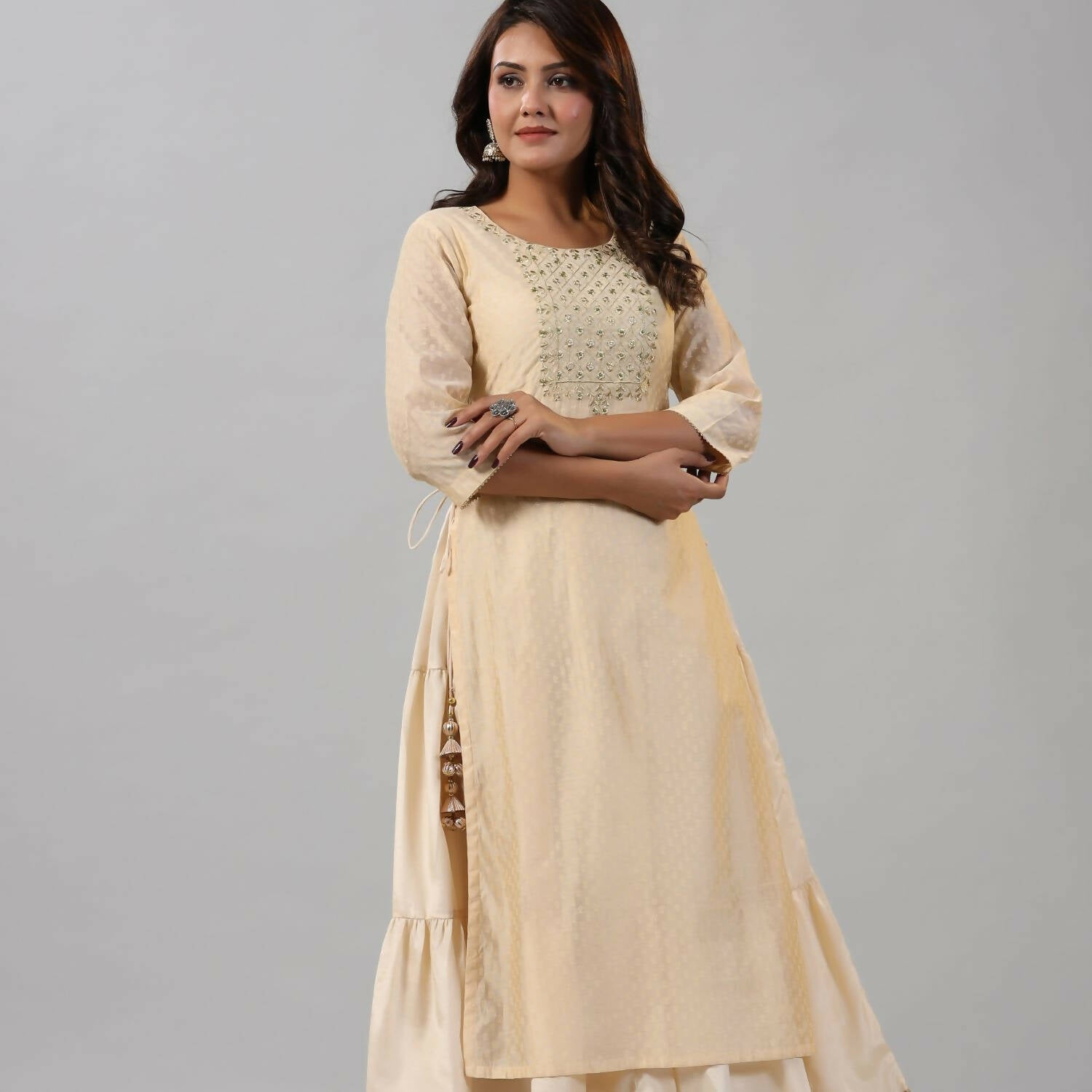 Juniper Women Gold Chanderi Printed Layered Maxi Dress with Embroidered Yoke - Distacart