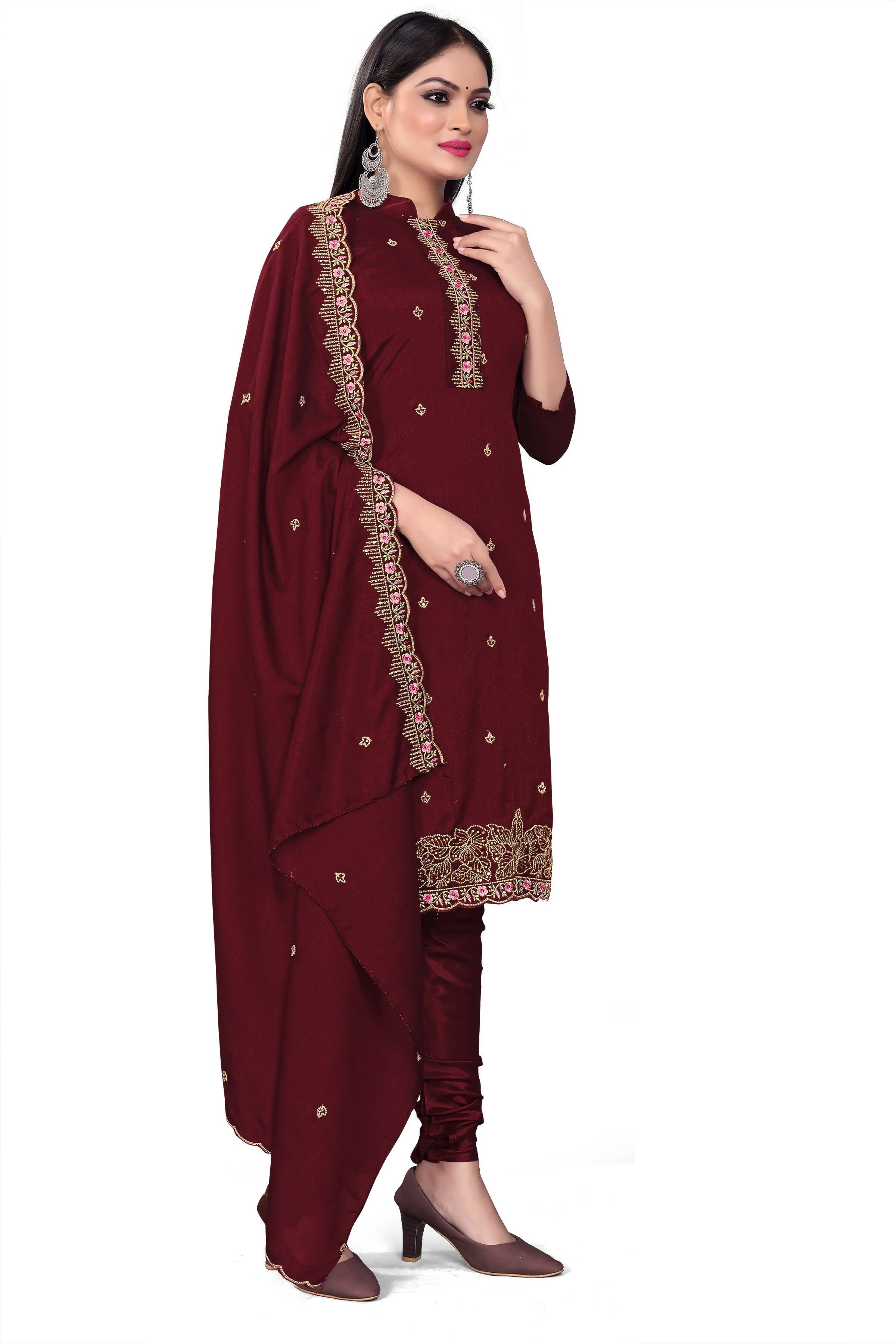 Maroon Silk Embroidered with Sequins work Unstitched Dress Material - Tanvi - Distacart