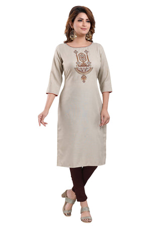 Snehal Creations Boastful Beige Color Casual Cotton Ladies Kurti With Embroidery - Distacart