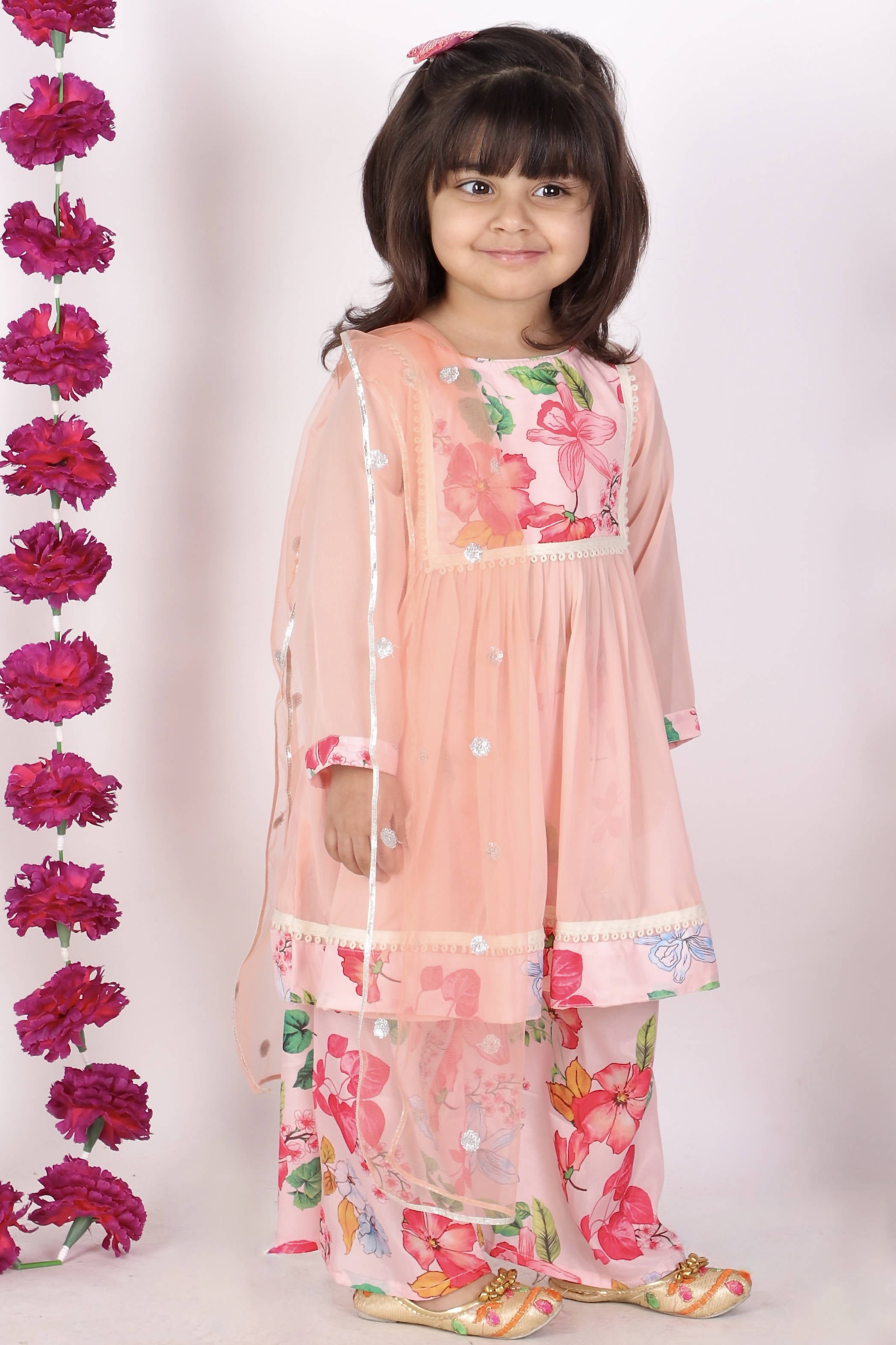 Little Bansi Peach Color Rose print Kurta Frock with Floral Plazzo and Dupatta