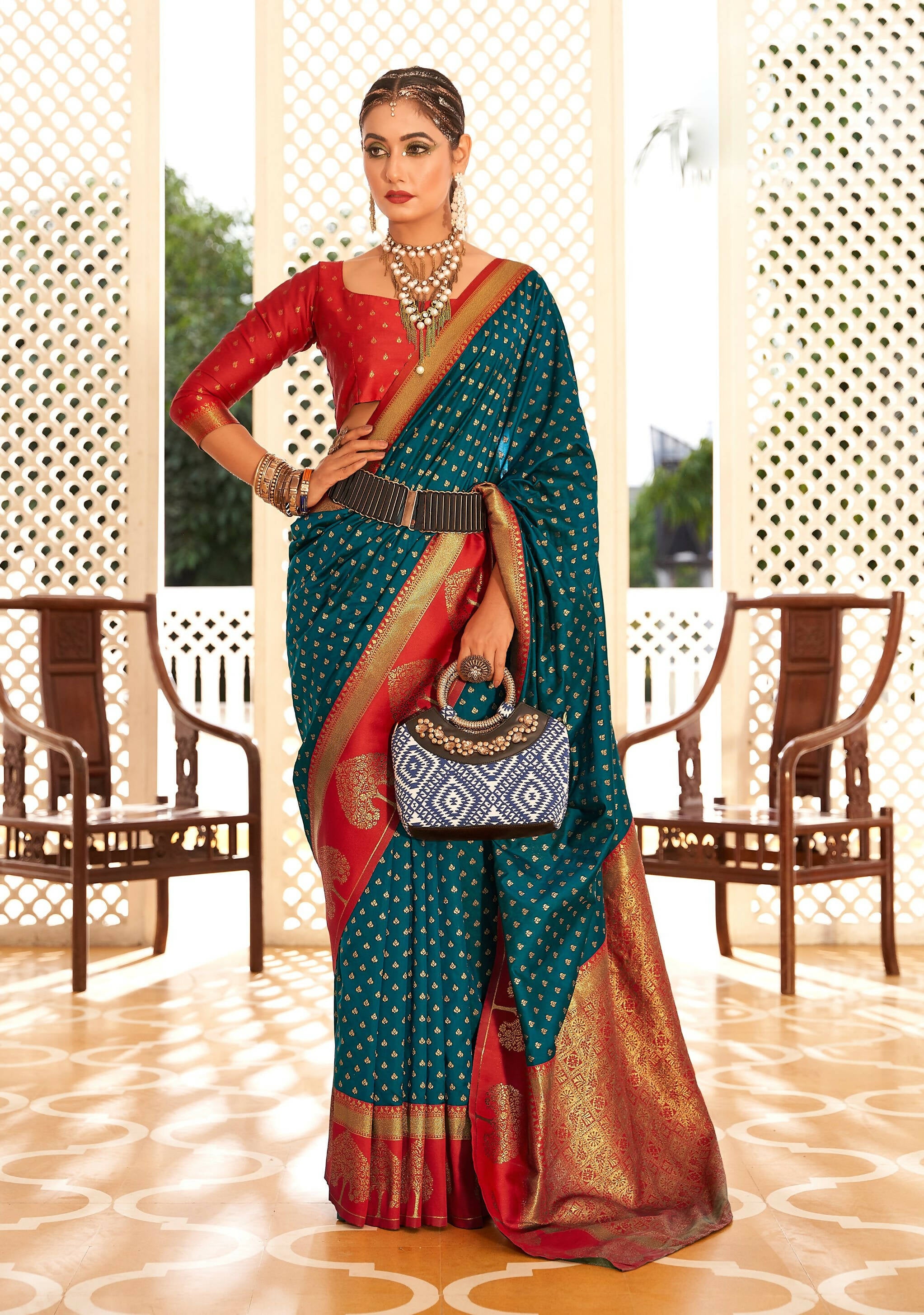 Teal Soft Banarasi Paithani Copper Zari Weaving Saree With Unstitched Blouse Piece - Jodha - Distacart