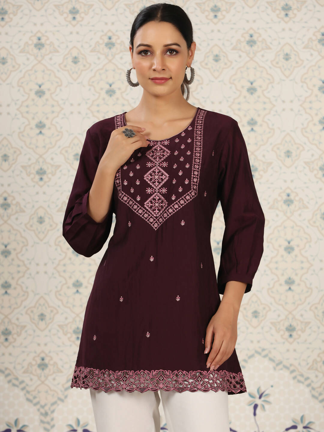 Magenta Chinon Embroidered Straight Top - Zeny - Distacart