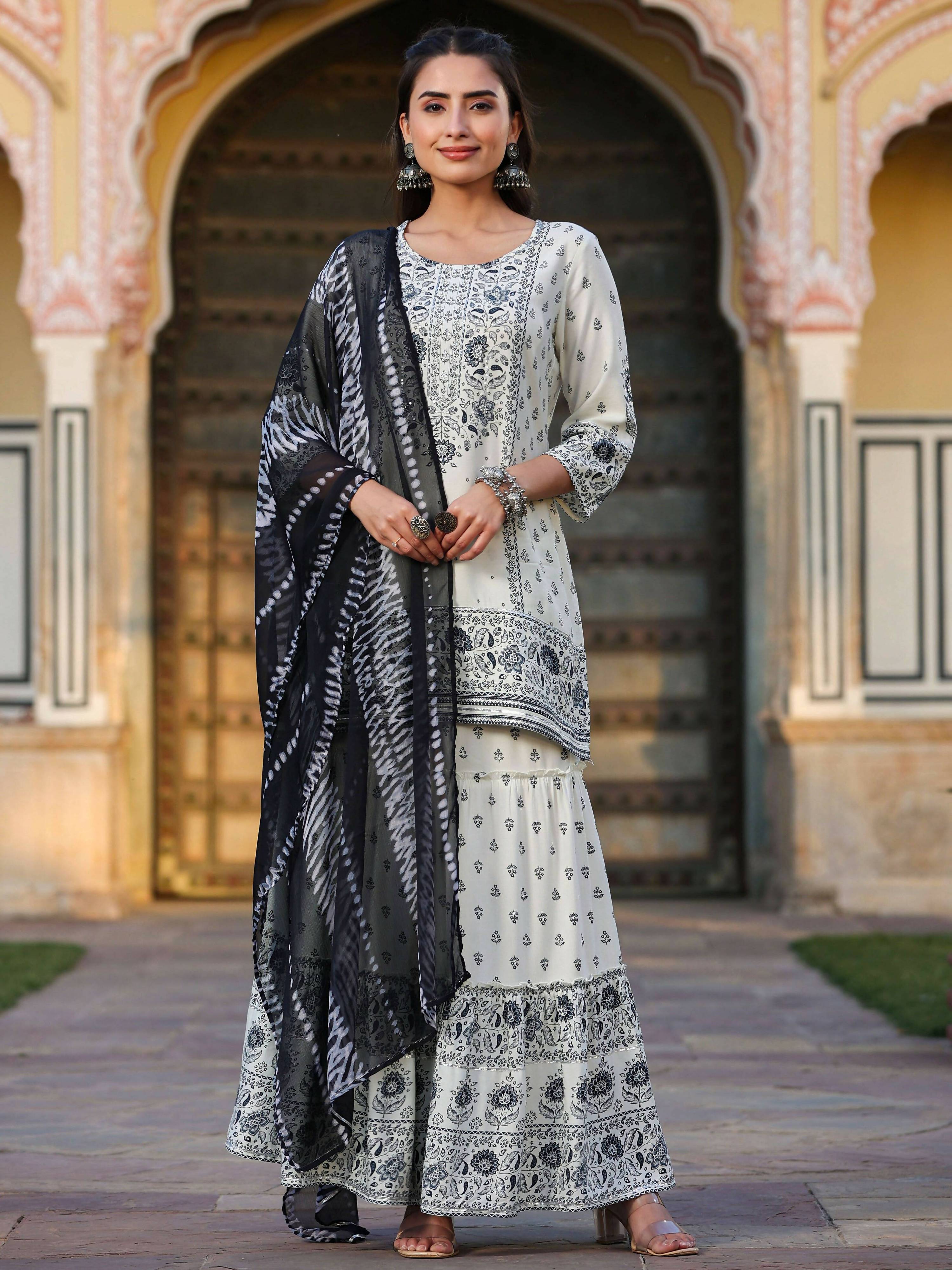 Juniper Women's Off White Rayon Floral Placement Kurta With Sharara And Dupatta Set - Distacart