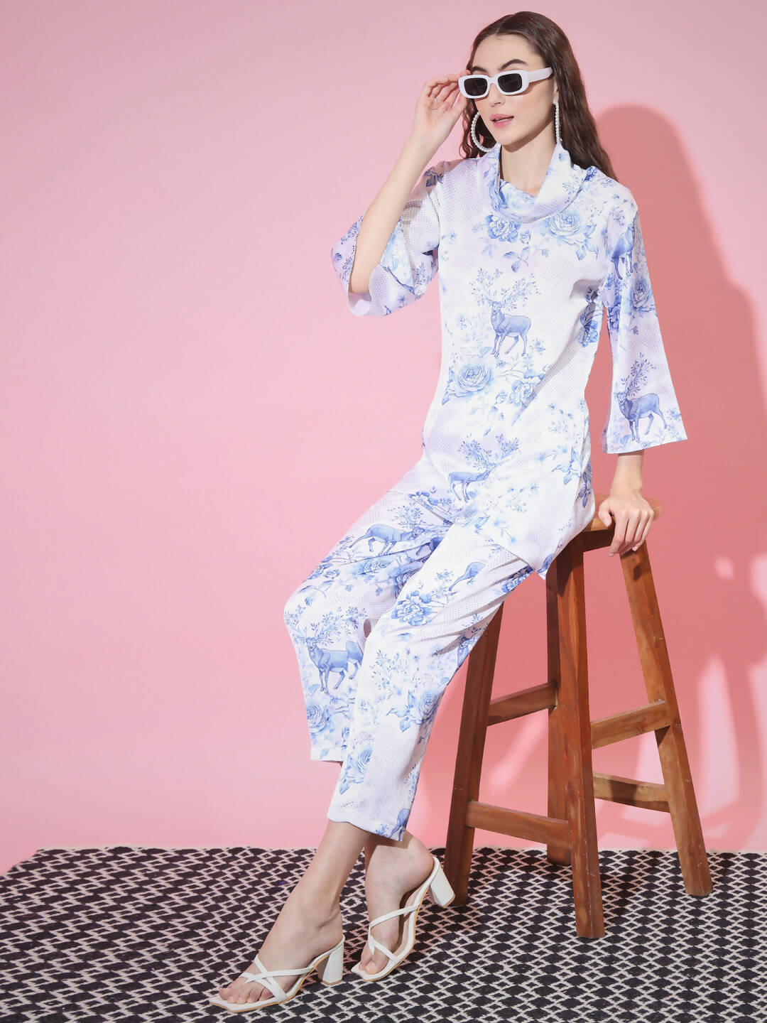 Myshka Women's Blue High Neck Top With Trousers - Distacart