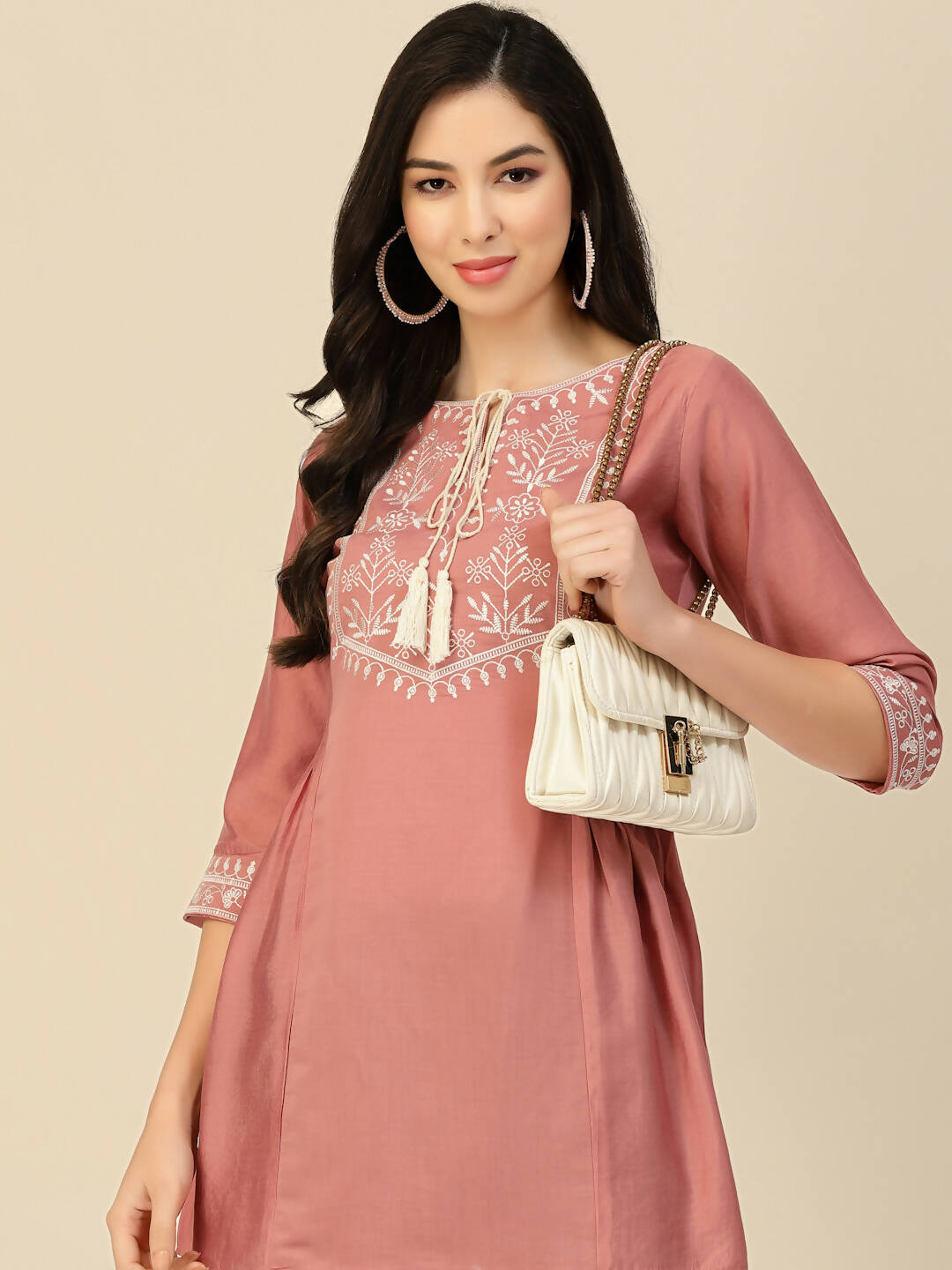 Peach Chinon Slub Floral Embroidered Top - Zeny - Distacart