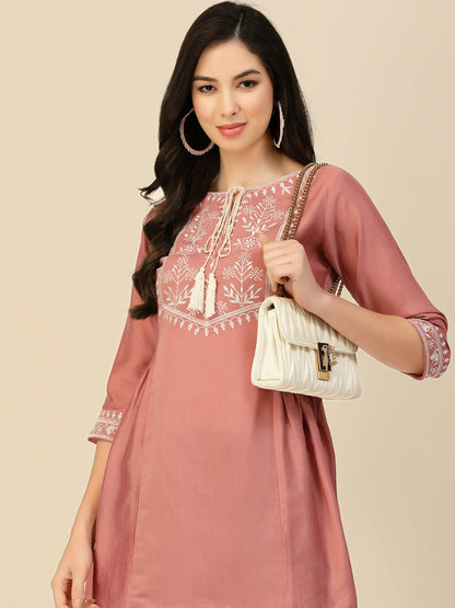 Peach Chinon Slub Floral Embroidered Top - Zeny - Distacart