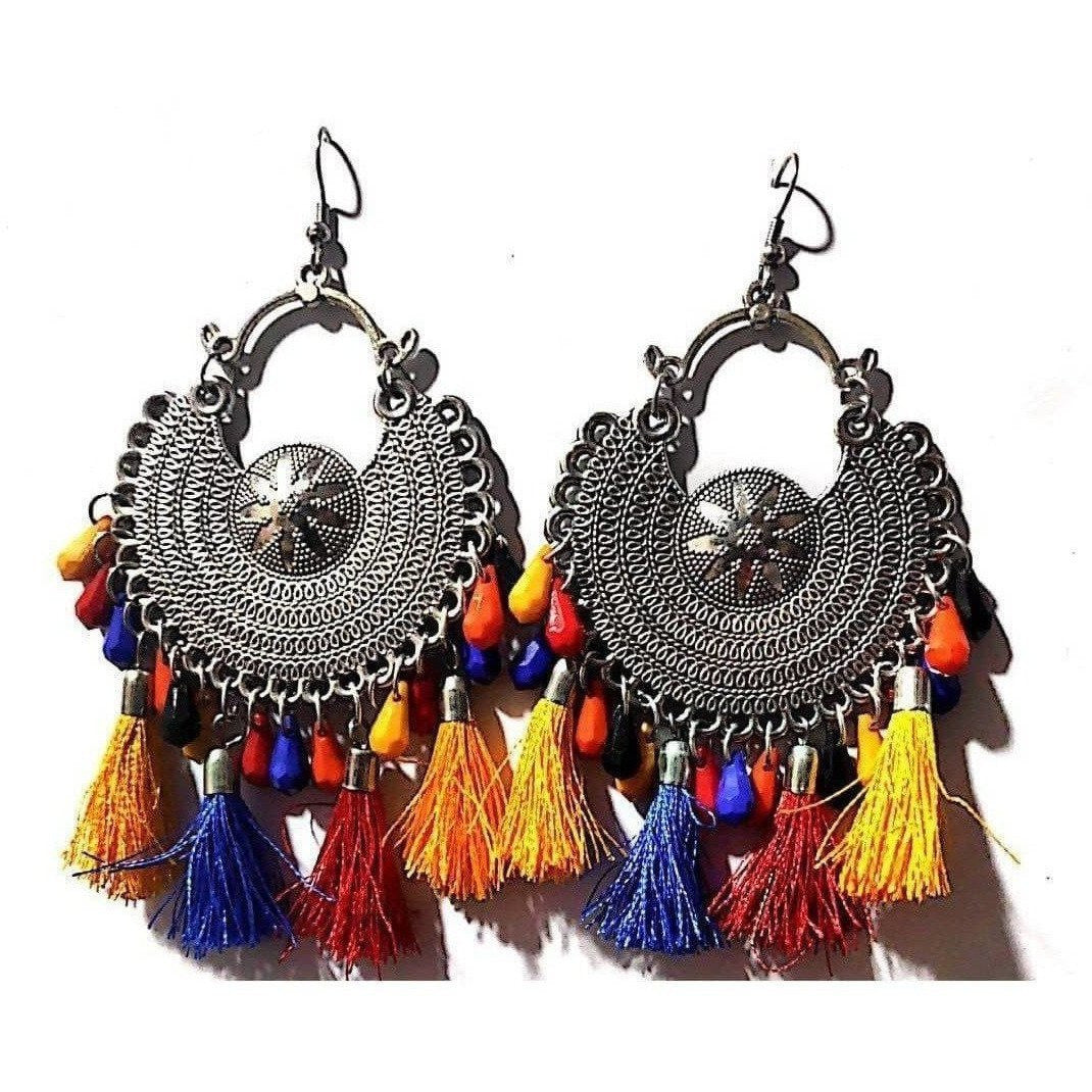 Heavy Design Silver Toned Chandbali Silk Threads And Beads Multi Colors Earrings