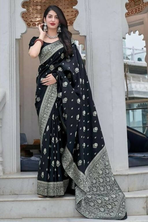DEIANA'S Beautiful Golden Jari with New Design Soft Lichi Silk Saree - Black - Distacart