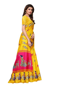 Thumbnail for Vamika Yellow Color Kalamkari With Jhalar Khadi Silk Saree - Distacart