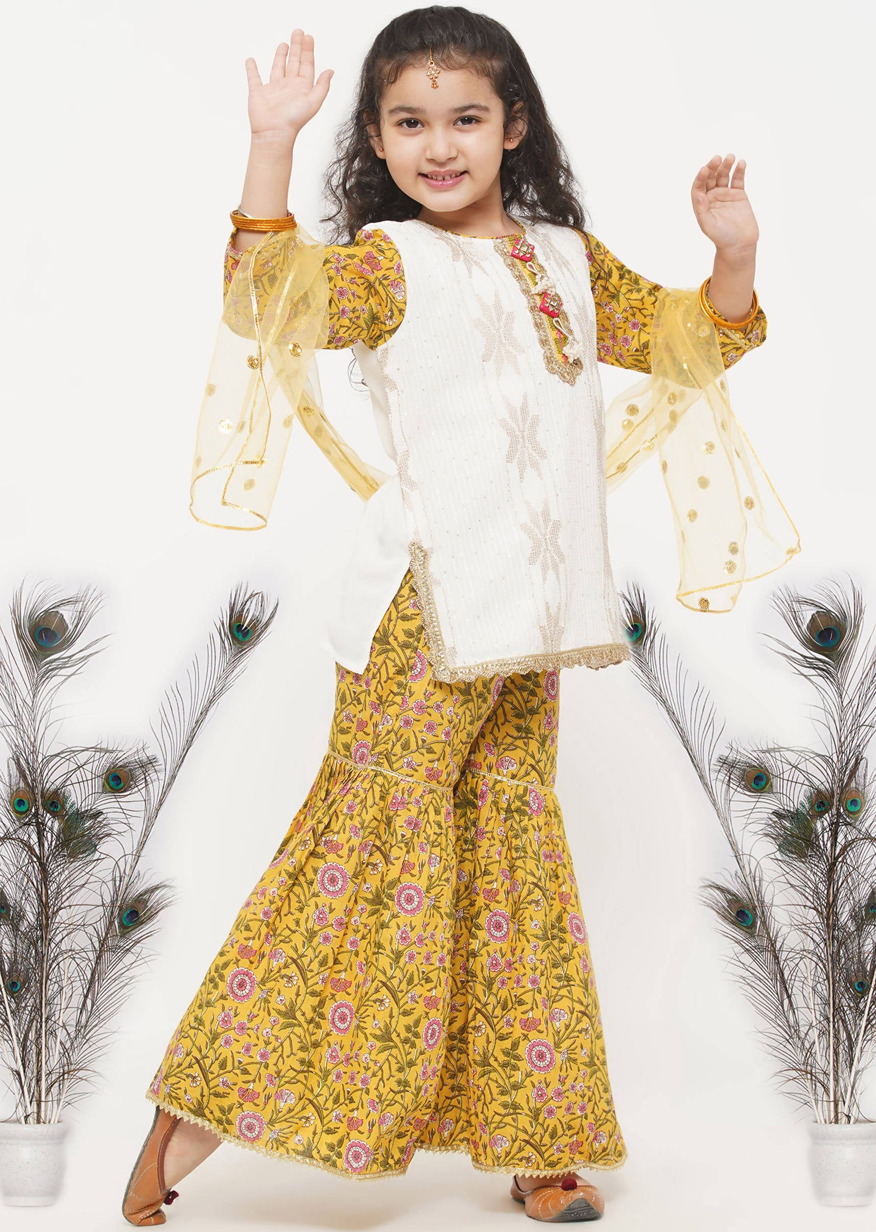 Little Bansi Cotton Embroidery Kurta with floral sharara with Dupatta - White & Yellow - Distacart