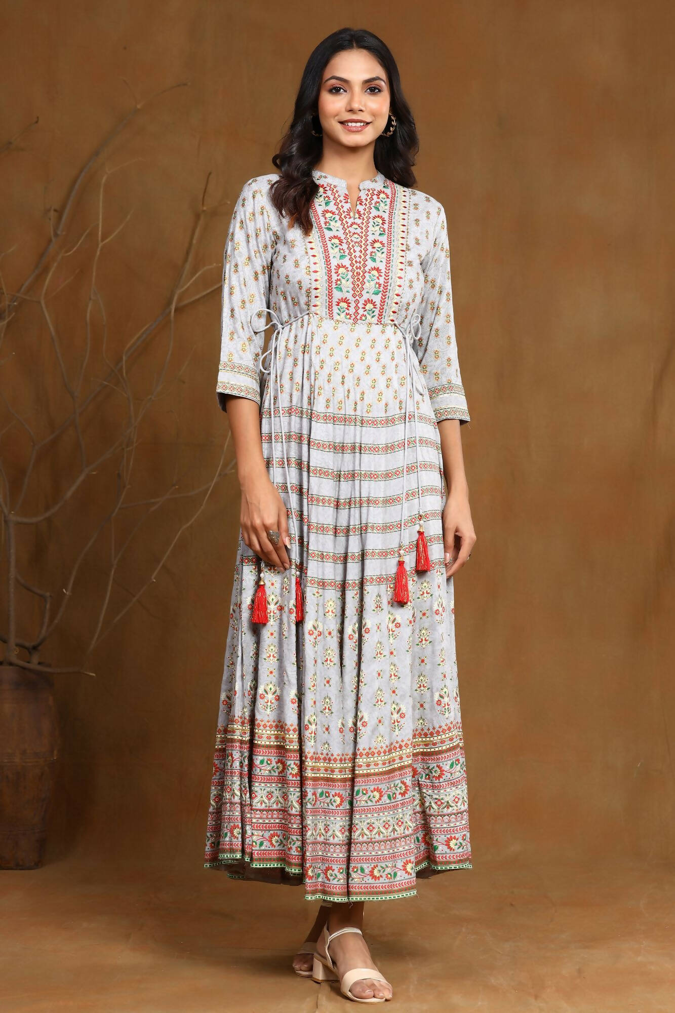 Juniper Women Grey Rayon Embroidered Flared Dress - Distacart