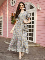 Thumbnail for Green Rayon Foil Printed Long Dress - Michan - Distacart