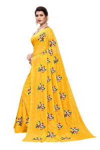 Thumbnail for Vamika Chanderi Cotton Embroidery Yellow Saree (Mogra Yellow)