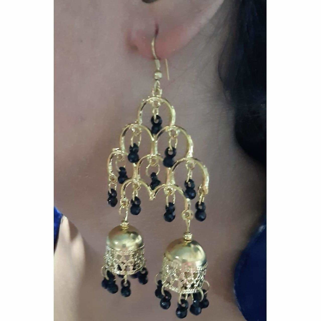 Gold Plated Fashion Traditional Double Jhumka Long Black Pearls Earrings