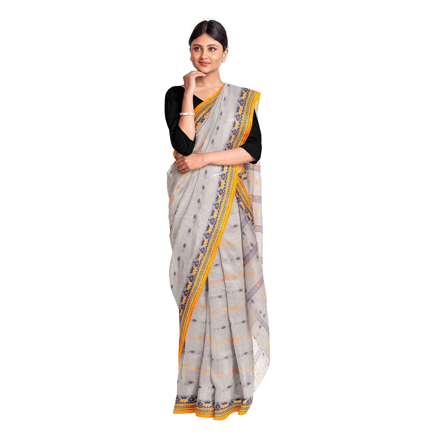 Exclusive Collection 100% Pure Cotton Light Grey Tant Saree With Hand Weaving Work - Distacart