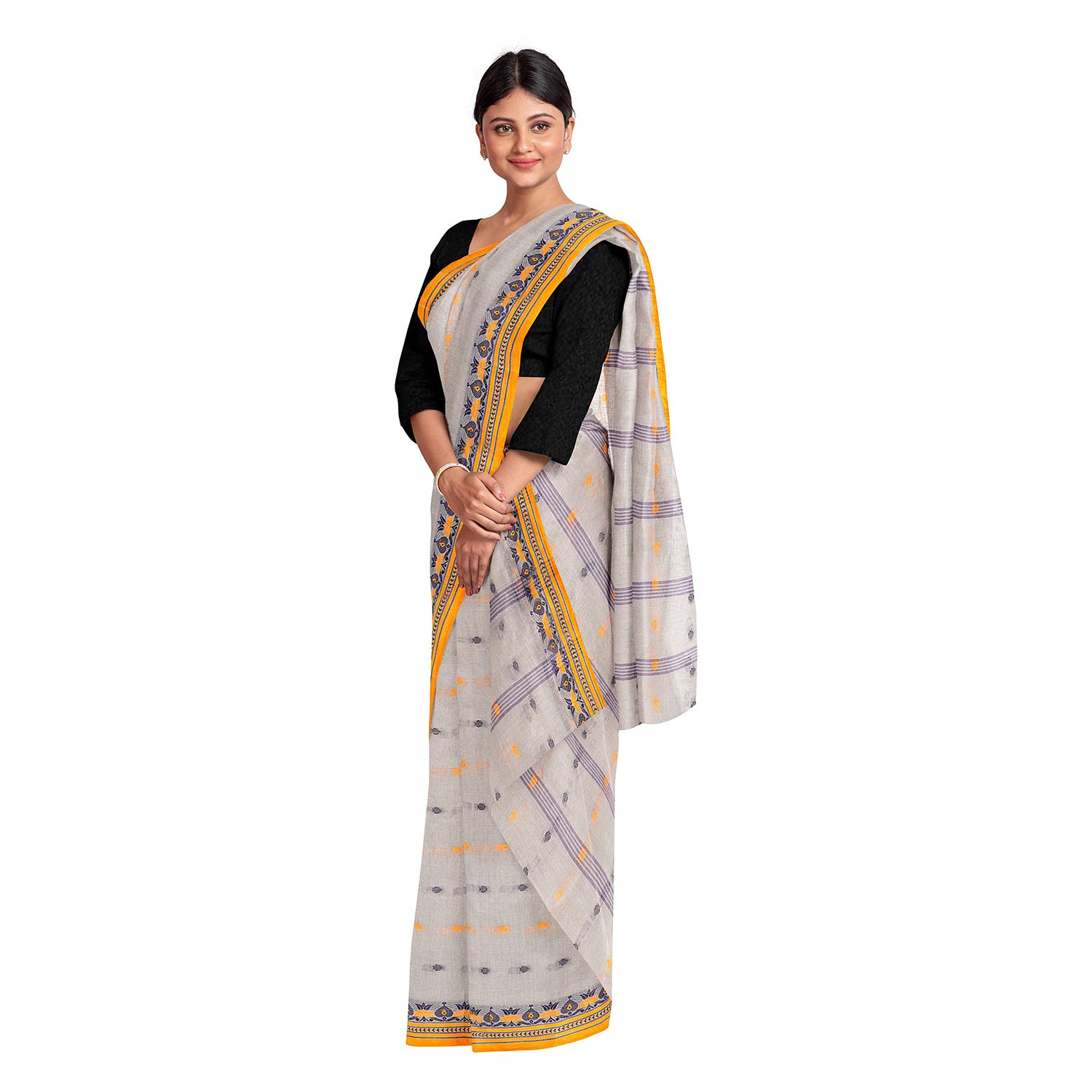 Exclusive Collection 100% Pure Cotton Light Grey Tant Saree With Hand Weaving Work - Distacart
