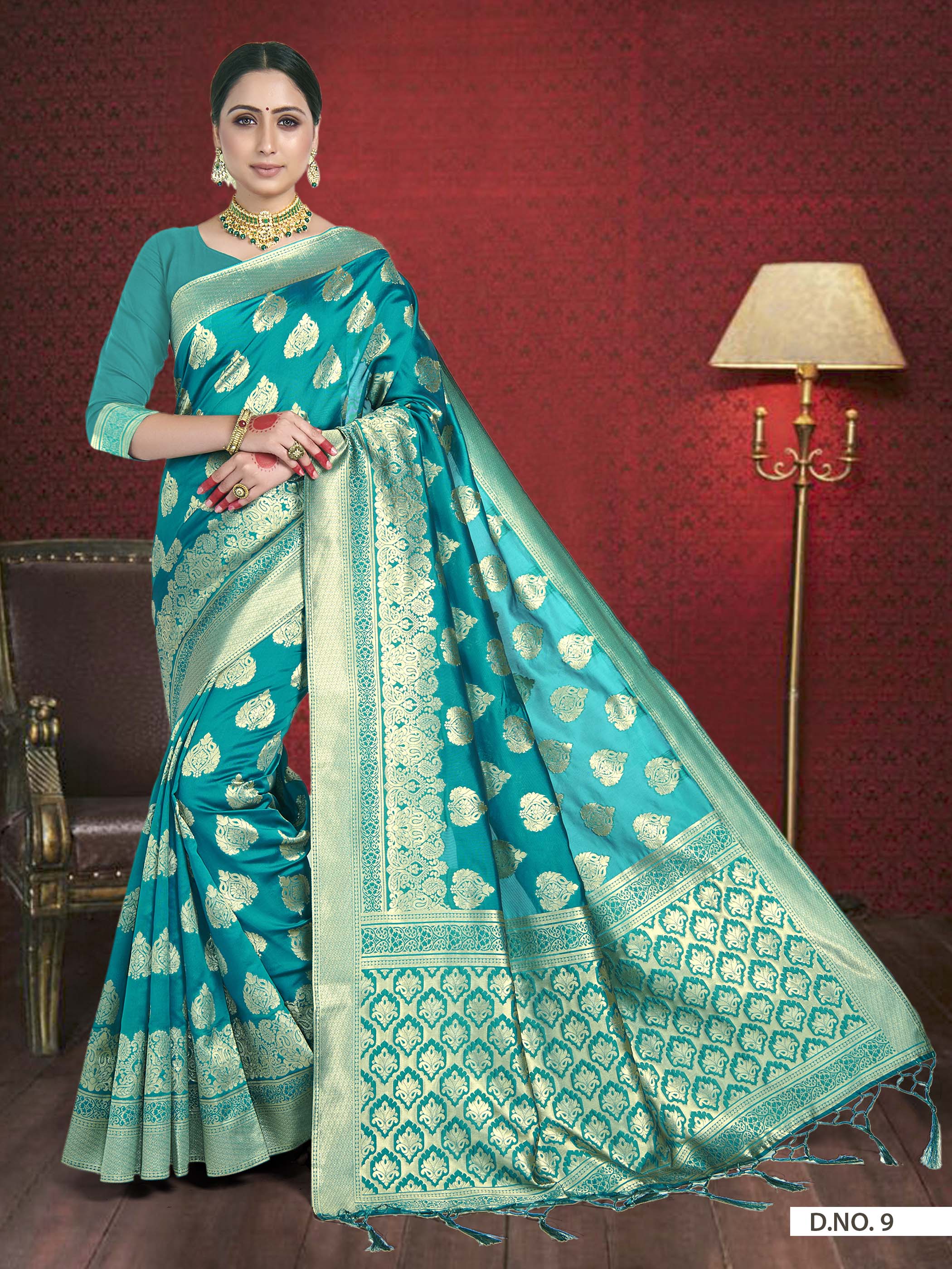 Vardha Teal Blue Woven Zari Betel Leaf Banarasi Saree