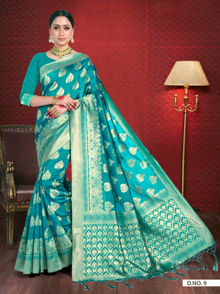 Vardha Teal Blue Woven Zari Betel Leaf Banarasi Saree