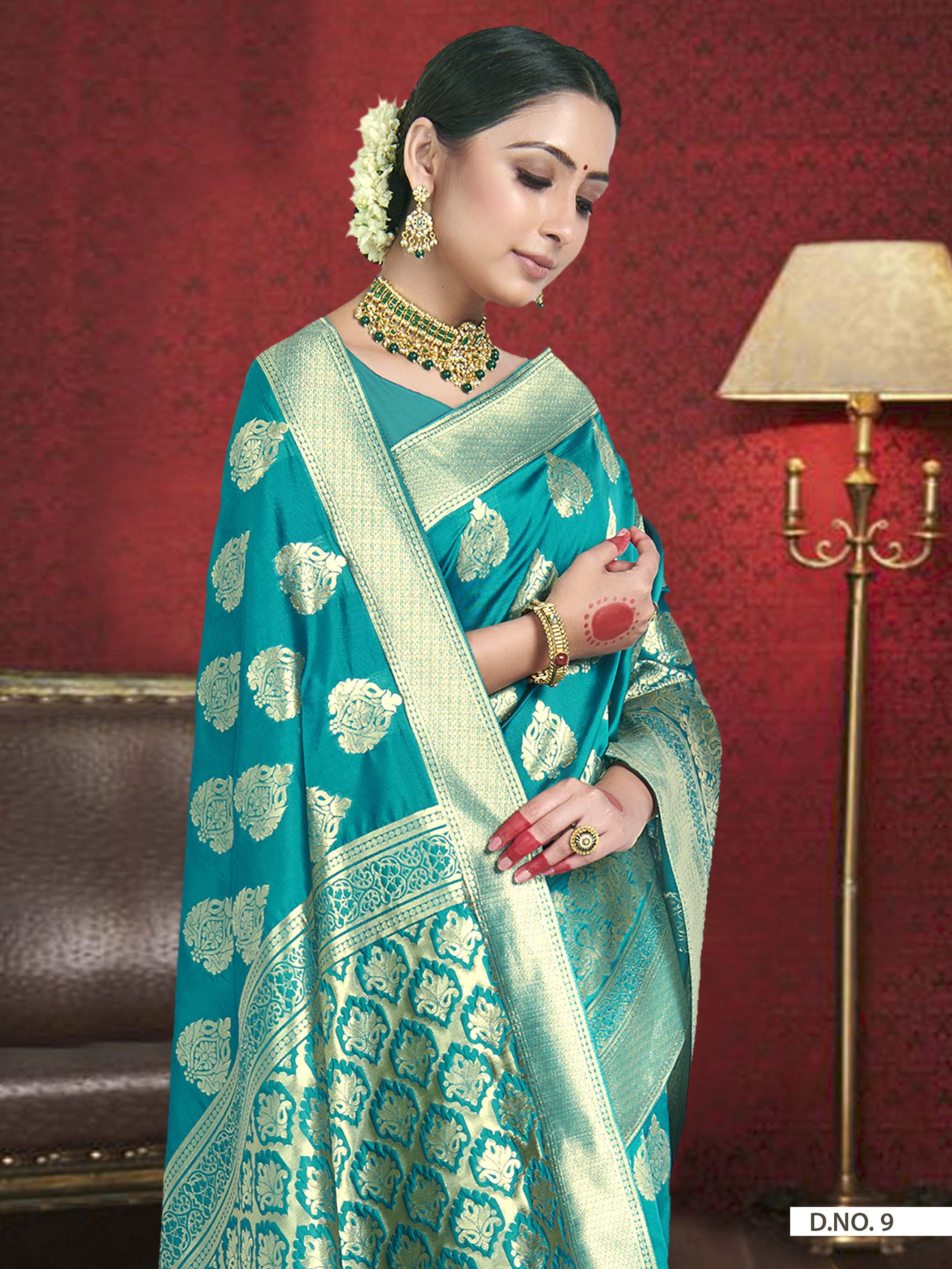 Vardha Teal Blue Woven Zari Betel Leaf Banarasi Saree