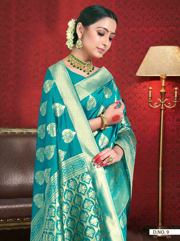 Vardha Teal Blue Woven Zari Betel Leaf Banarasi Saree