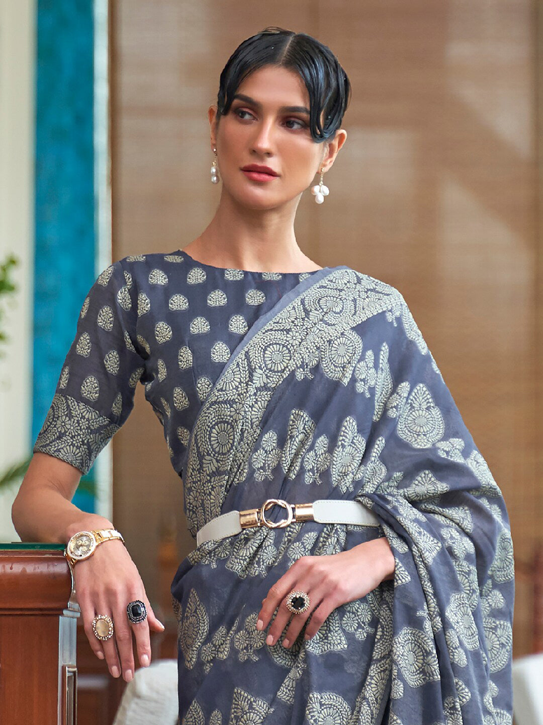 Mitera Navy Blue & Grey Woven Design Linen Blend Muga Saree - Distacart