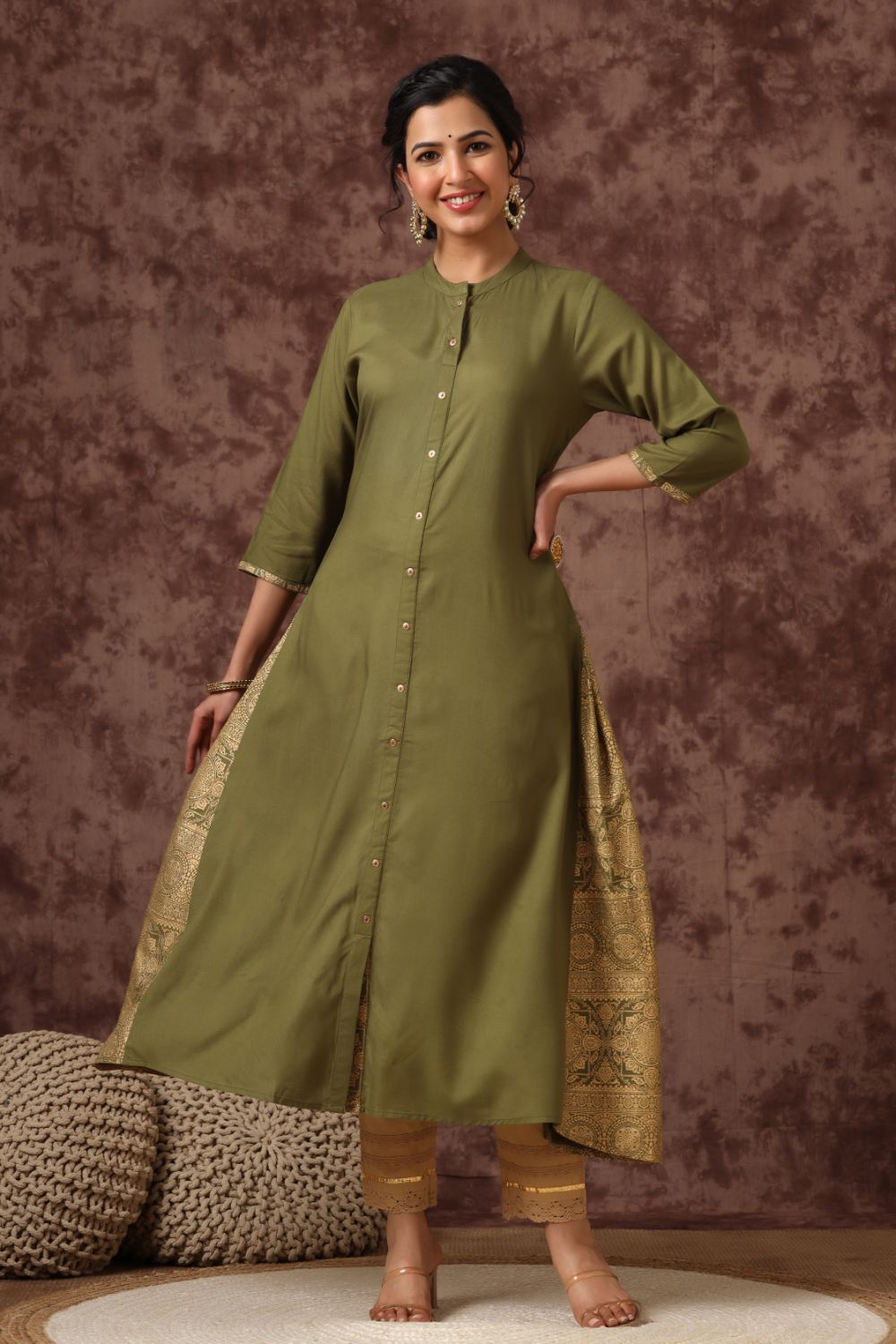 Juniper Womens Olive Rayon Foil Printed Kurta - Distacart