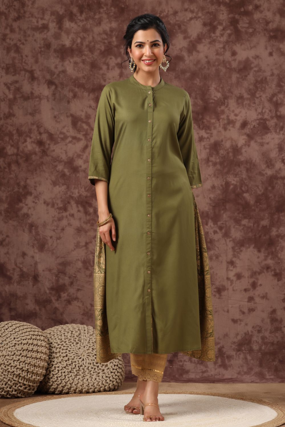 Juniper Womens Olive Rayon Foil Printed Kurta - Distacart